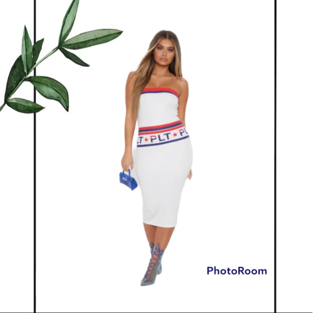 Pretty Little Thing White Graphic Bandeau Bodycon Dress